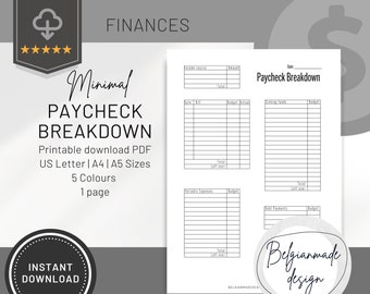 Paycheck breakdown, budget planner, productivity, A4 A5 US letter size instant download printable minimal blue pink beige green white
