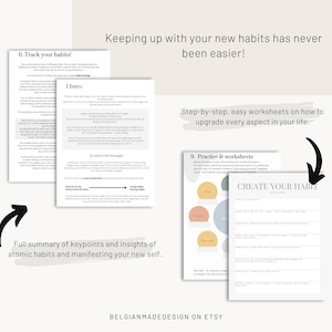 May include: A set of printable worksheets for creating new habits. The worksheets are designed to help you identify your goals, create a plan, and track your progress. The worksheets are in a minimalist style with a light blue, peach, and yellow colour scheme. The text on the worksheets includes "Create Your Habit" and "Work Sheet".