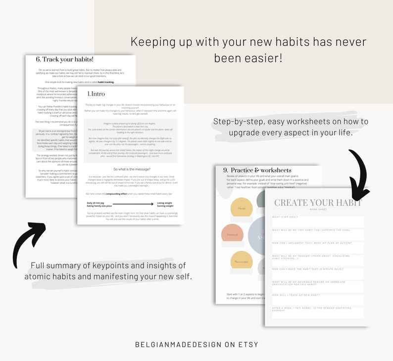 May include: A set of printable worksheets for creating new habits. The worksheets are designed to help you identify your goals, create a plan, and track your progress. The worksheets are in a minimalist style with a light blue, peach, and yellow colour scheme. The text on the worksheets includes "Create Your Habit" and "Work Sheet".