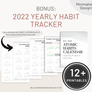 May include: A printable 2022 yearly habit tracker with a minimalist design. The tracker includes 12+ printable pages with a calendar for each month and an example of how to track habits. The text "EST. 2022 ATOMIC HABITS CALENDAR Inspired by the book of James clear. 12+ PRINTABLES." is included on the page.