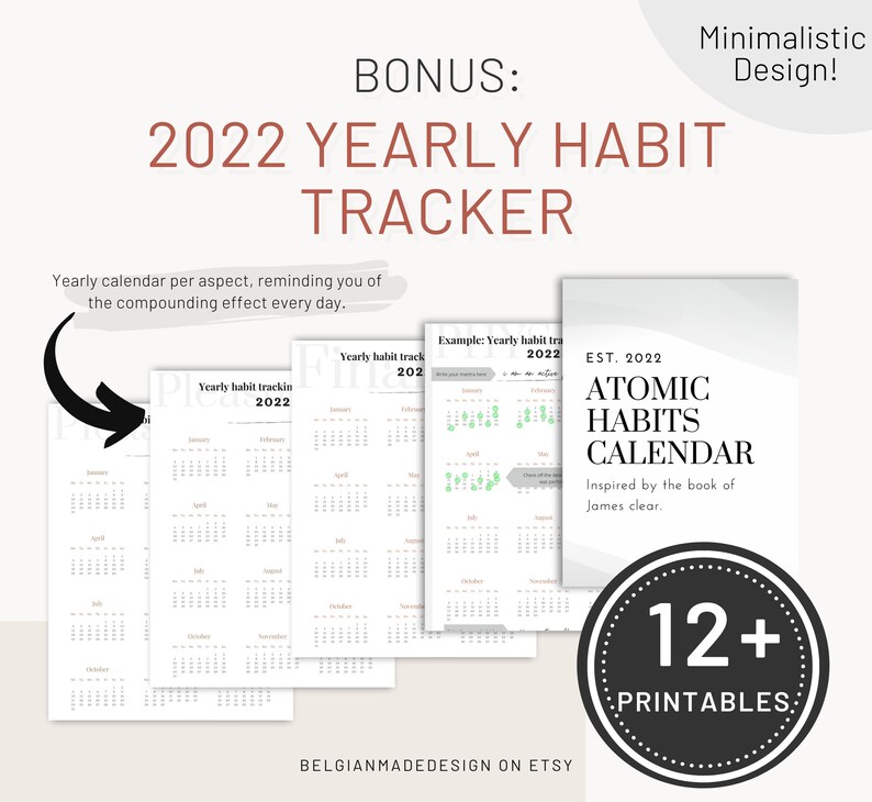 May include: A printable 2022 yearly habit tracker with a minimalist design. The tracker includes 12+ printable pages with a calendar for each month and an example of how to track habits. The text "EST. 2022 ATOMIC HABITS CALENDAR Inspired by the book of James clear. 12+ PRINTABLES." is included on the page.