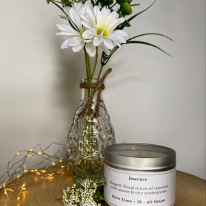 Jasmine | Soy Wax | UK Made | Vegan Friendly | Handcrafted | 195g Tin | Gift | Burn of 35-40 Hours | Scented Candle |