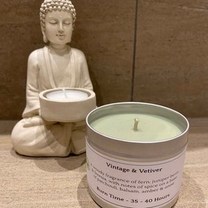 Vintage & Vetiver | Soy Wax | UK Made | Vegan Friendly | Handcrafted | 195g Tin | Gift | Burn of 35-40 Hours | Scented Candle |