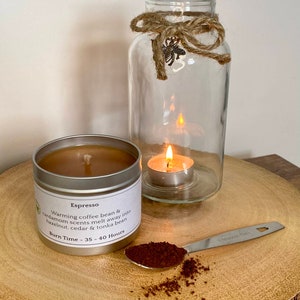 Espresso | Soy Wax | UK Made | Vegan Friendly | Handcrafted | 195g Tin | Gift | Burn of 35-40 Hours | Scented Candle |