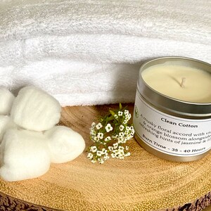 Clean Cotton | Soy Wax | UK Made | Vegan Friendly | Handcrafted | 195g Tin | Gift | Burn of 35-40 Hours | Scented Candle |