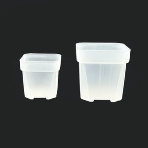 Può includere: Due vasi di plastica trasparente di forma quadrata. I vasi hanno un bordo bianco e una superficie leggermente strutturata. I vasi sono di dimensioni diverse, il più piccolo a sinistra e il più grande a destra. Lo sfondo è nero.