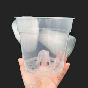 May include: A clear plastic pot with drainage holes and a removable insert for planting. The pot is held in a hand.