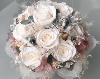 Brautstrauß aus Trockenblumen mit 9 großen stabilisierten Rosen, Trockenblumenstrauß, Boho Style, Vintage