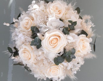 Bridal bouquet of dried flowers with 6 stabilized roses, dried flower bouquet, boho, greenery style