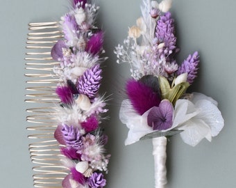 Gold-colored hair comb and boutonniere with dried flowers/hair ornaments/headpieces