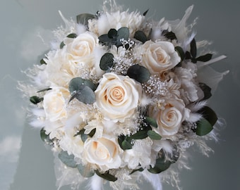 Bridal bouquet made of dried flowers with 6 stabilized roses, dried flower bouquet, boho, greenery style