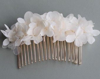 Haarkamm goldfarben mit cremefarbenen Hortensien, Haarschmuck, Kopfschmuck, Trockenblumen, Ivory