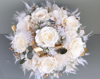 Bridal bouquet made of dried flowers with 6 large stabilized roses, dried flower bouquet, boho style, greenery style, durable