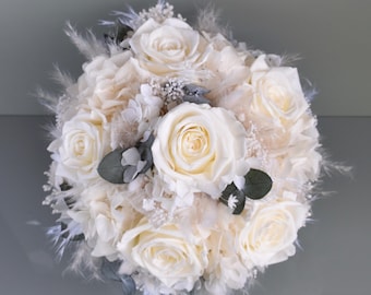Bridal bouquet of dried flowers with 6 large stabilized roses, dried flower bouquet, boho style, greenery style