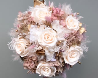 Bridal bouquet of dried flowers with 6 stabilized roses, dried flower bouquet, boho style, vintage