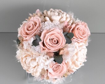 Bridal bouquet made of dried flowers with 4 stabilized roses and sola flowers, dried flower bouquet, boho style, blush nude