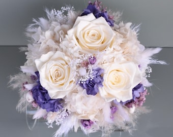 Bridal bouquet made of dried flowers with 3 large stabilized roses, dried flower bouquet, boho style