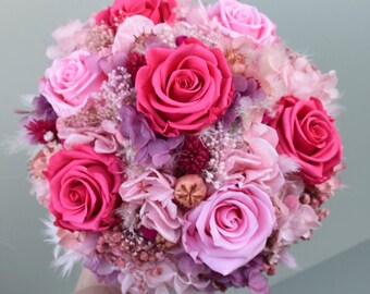 Bridal bouquet made of dried flowers with 7 stabilized roses, dried flower bouquet pink/pink boho style