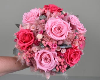 Bridal bouquet made of dried flowers with 4 large pink and 3 pink roses, stabilized roses, dried flower bouquet, boho style