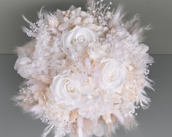 Small bridal bouquet made of dried flowers and 3 white preserved roses. Dried flower bouquet, Boho/Greenery style.