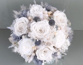 Bridal bouquet made of dried flowers with 7 preserved roses, dried flower bouquet, blue/white boho style
