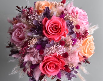 Brautstrauß aus Trockenblumen mit 6 stabilisierten Rosen, Trockenblumenstrauß bunt sommerlich
