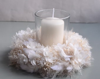 Trockenblumenkranz  Kerzenkranz Tischschmuck in weiß/cremefarben gebunden Boho Style
