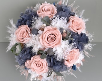 Bridal bouquet of dried flowers with 6 stabilized roses, dried flower bouquet, blue/white/cream/blush, boho style