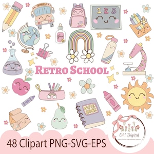 Retro Schule Clipart, groovy Schule Clipart, Schule, zurück in der Schule, Lehrer Clipart, Bildung Clipart