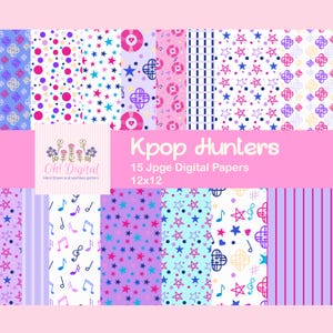 May include: A collection of 15 digital papers with various patterns, including stars, dots, musical notes, and geometric shapes. The color palette includes pink, purple, blue, and white. The text "Kpop Hunters" and "12x12" are visible.