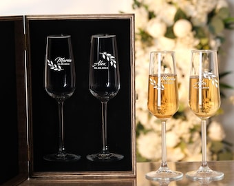 Personalized Champagne Flutes with Wooden Box, Engraved Wedding Gift Set