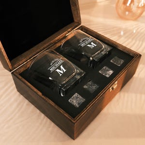 Personalized Whiskey Glass Set: Engraved Wood Box, Coasters & Stones