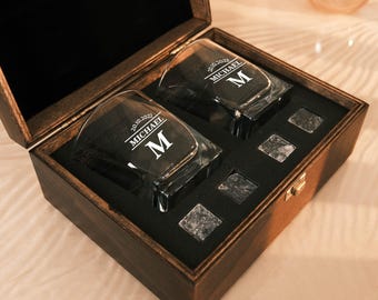 Personalized Whiskey Glass Set: Engraved Wood Box, Coasters & Stones