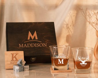 Engraved Whiskey Glass Set with Wooden Box – Personalized Gift for Men
