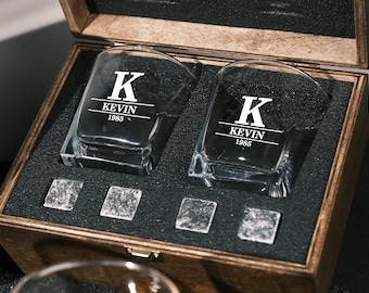 Personalized Whiskey Glass Set with Engraved Wooden Box - Engraved Whiskey  Set for man,Custom Whiskey Glasses ,Gift for men