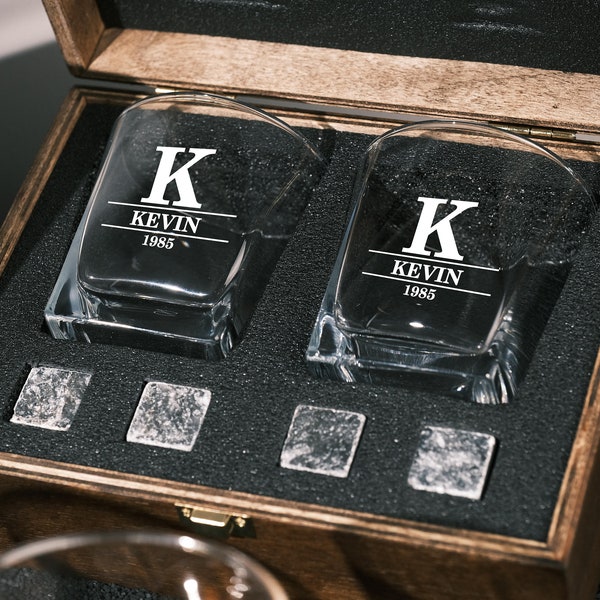 Personalized Whiskey Glass Set with Engraved Wooden Box - Engraved Whiskey  Set for man,Custom Whiskey Glasses ,Gift for men