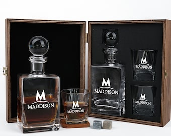 Custom Whiskey Decanter Glass Set For men - Engraved Whiskey Decanter with Wooden Box,Decanter (27 oz) Glasses (12 oz ),Christmas Gift