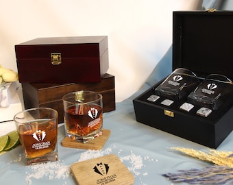 Personalized Whiskey  Glass Set - Whiskey Glass , Stones , Wooden Coaster & Engraved Wood Box, Gift for dad,Great as Christmas Gift.