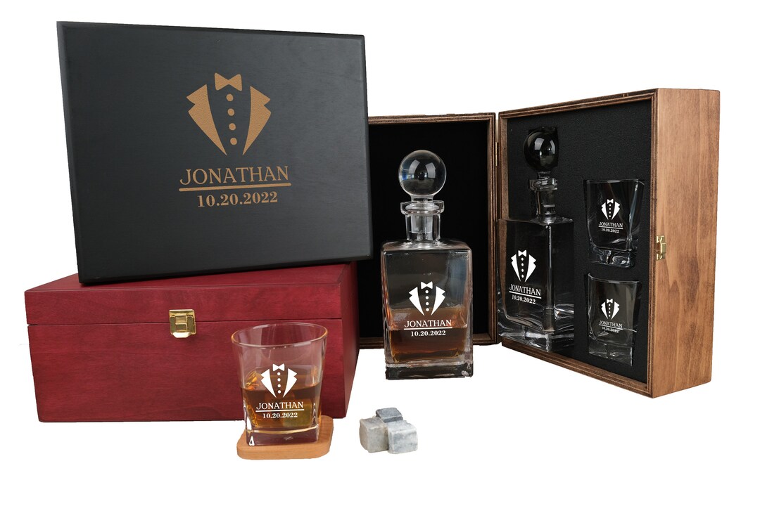 Engraved Whiskey Decanter Glass Set With Wooden Box decanter 27oz ...