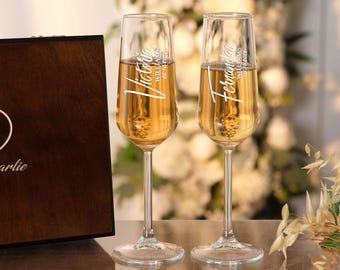 Personalized Wedding Champagne Flutes with Wooden Gift Box