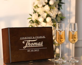 Flûtes à champagne de mariage personnalisées avec boîte-cadeau en bois gravée