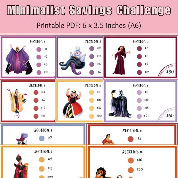 Mini savings challenge - Minimalist Villain Savings Challenge Bundle- Low Income Savings - Fits A6 Cash Envelope - Set of 10 - PDF