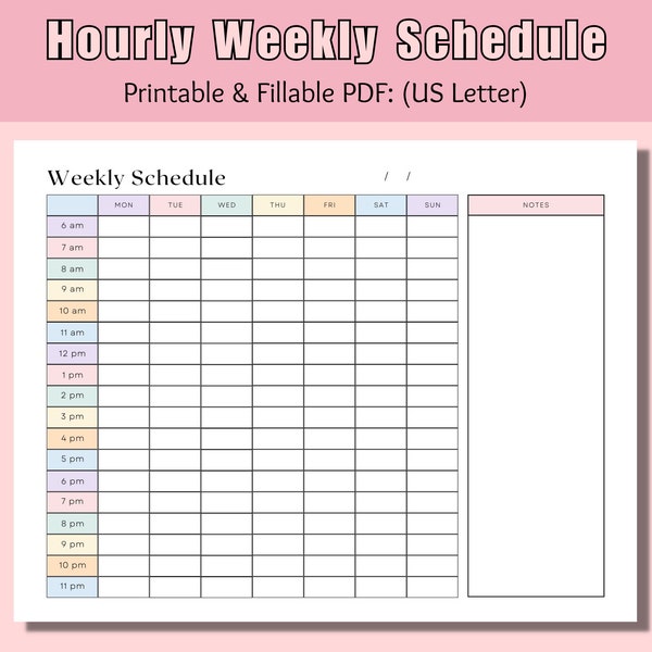 Editable Hourly Weekly Schedule Printable Timesheet Time Blocking Management Work Hours Log Tracker A4 US Letter PDF Instant Download