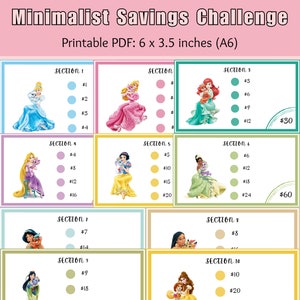 Könnte beinhalten: Ein druckbarer Spar-Challenge-Chart mit Disney-Prinzessinnen. Der Chart ist in zehn Abschnitte unterteilt, jeder mit einer anderen Prinzessin und einem entsprechenden Dollarbetrag. Der Chart soll Menschen helfen, Geld zu sparen, indem sie sich kleine, erreichbare Ziele setzen.