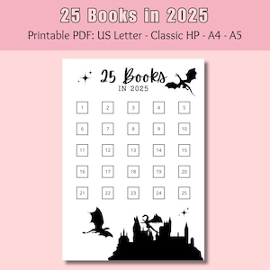 25 libros en 2025 Diario de lectura imprimible Seguimiento de lectura - Registro de lectura de Fantasy Dragon - Seguimiento de libros A4 A5 Clásico HP US Letter PDF