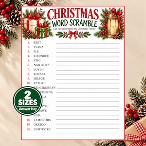 May include: A Christmas word scramble game sheet featuring the title in red and green text, a list of twenty scrambled words, and blank lines for answers. The border is decorated with pine branches, red berries, gift boxes, and a lantern.