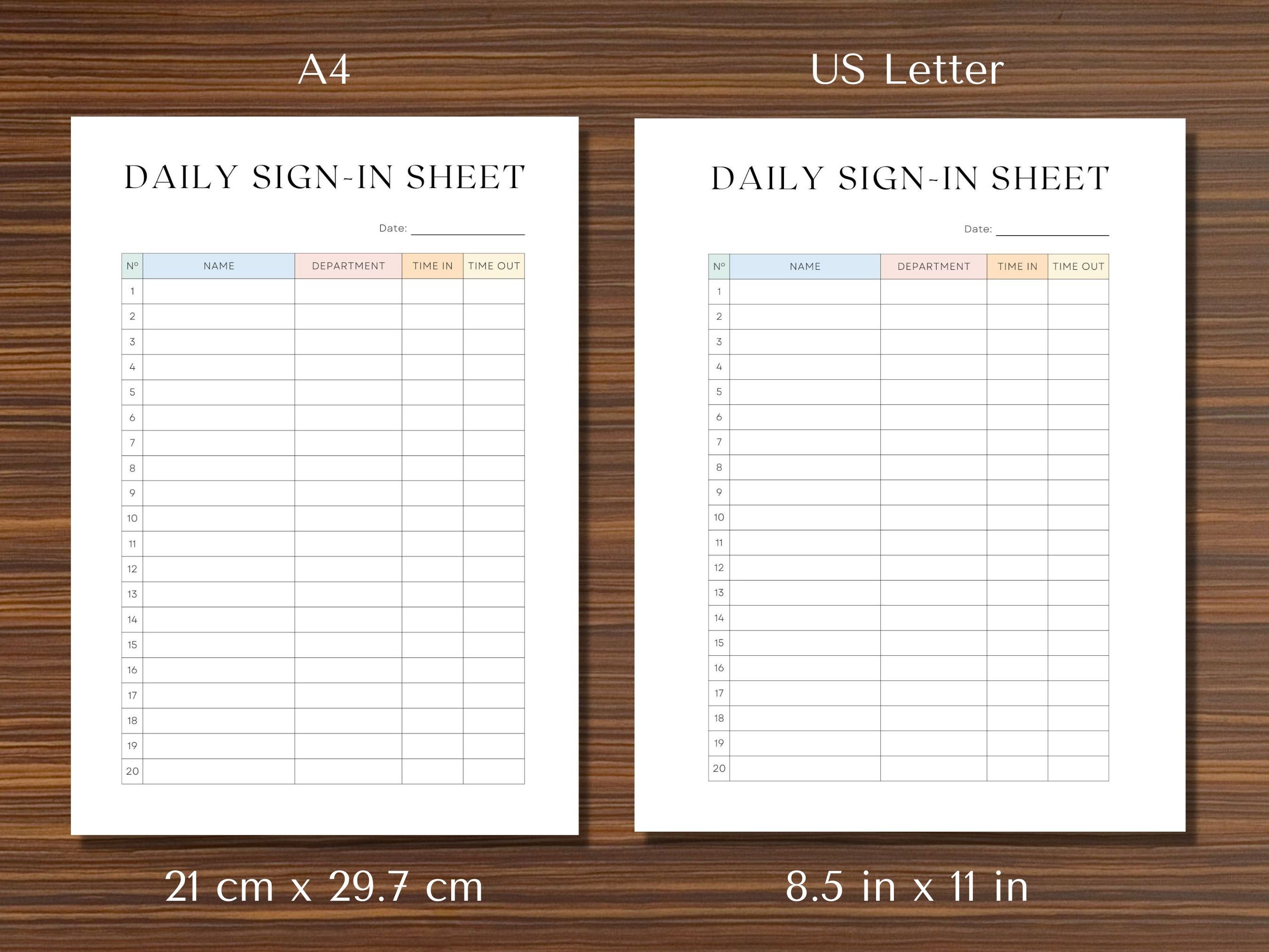 Daily Sign-in Sheet Printable Employee Timesheet Log Book Time ...