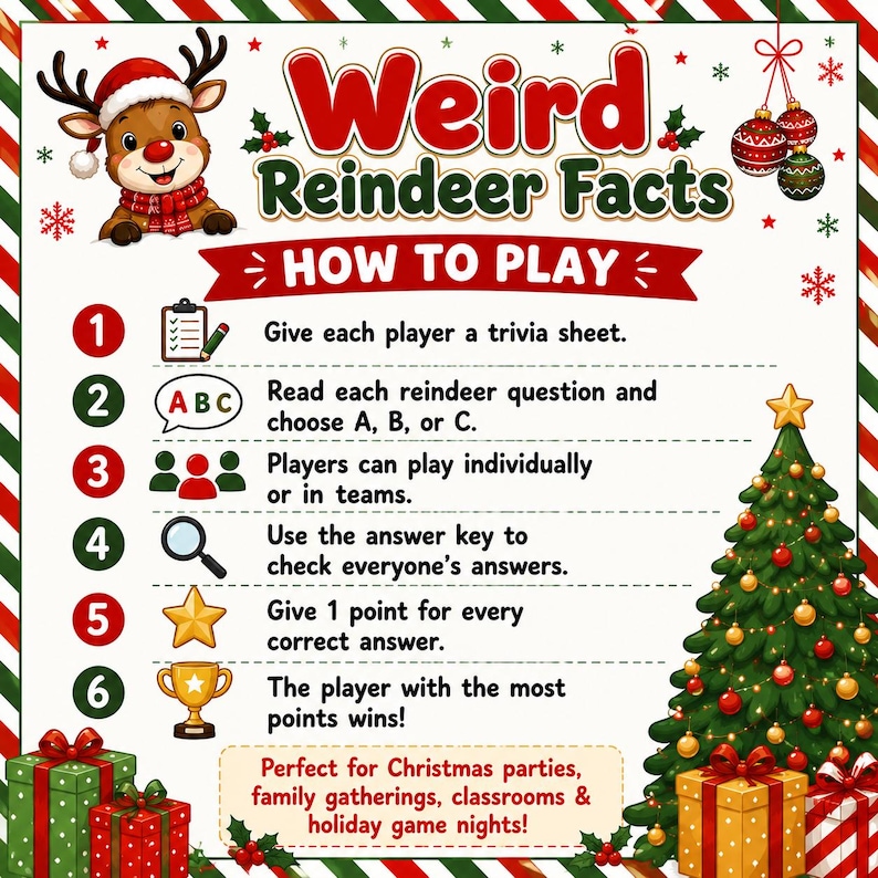 May include: A Christmas trivia game sheet titled Weird Reindeer Facts with instructions on how to play. The design features a cartoon reindeer, a decorated Christmas tree, and gift boxes. The text outlines six steps for gameplay and scoring.