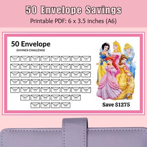 Puede incluir: Un desafío de ahorro de 50 sobres imprimible con un tema de princesas Disney. El desafío incluye 50 sobres con los números del 1 al 50. La imagen también incluye un grupo de princesas Disney, incluyendo Blancanieves, Cenicienta, Bella, Ariel y Aurora. El texto "Ahorra 1275 €" está en la parte inferior de la imagen.
