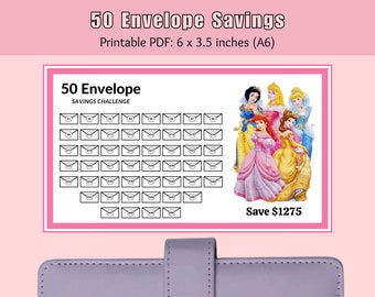 50 Envelope savings challenge - Princess Savings Challenge - 52 Week Low Income Savings - Save 1275 Dollars - Fits A6 Cash Envelope - PDF